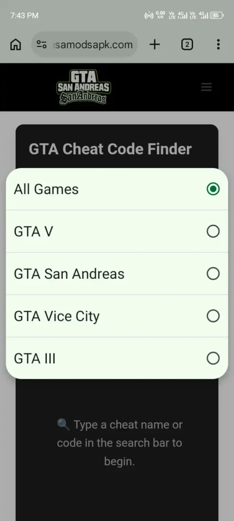 gta cheat codes finder game types